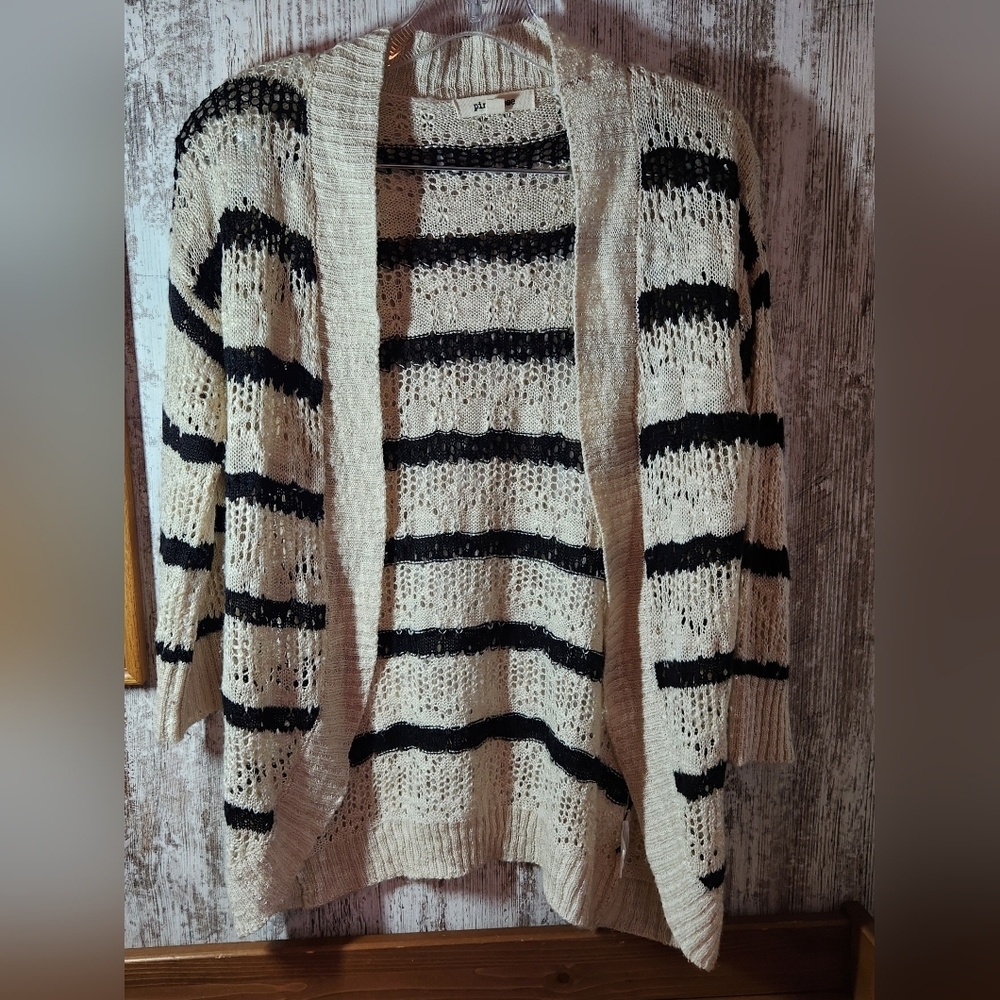 Pink Rose Ivory Open-Front Cardigan with Black Stripes Large